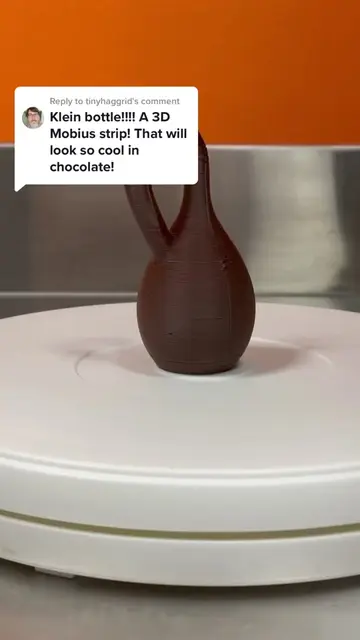 Replying to @tinyhaggrid   A Klein bottle is a 3D mobius strip. It has one side 