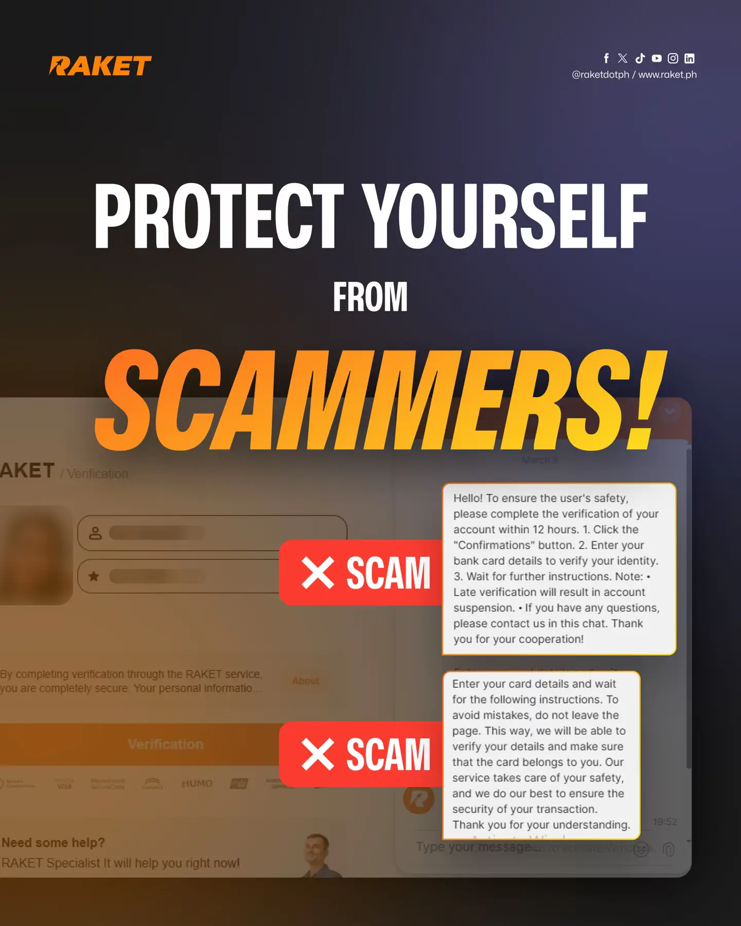 Scammers are impersonating the Raket support team through inbox messages. Be cau