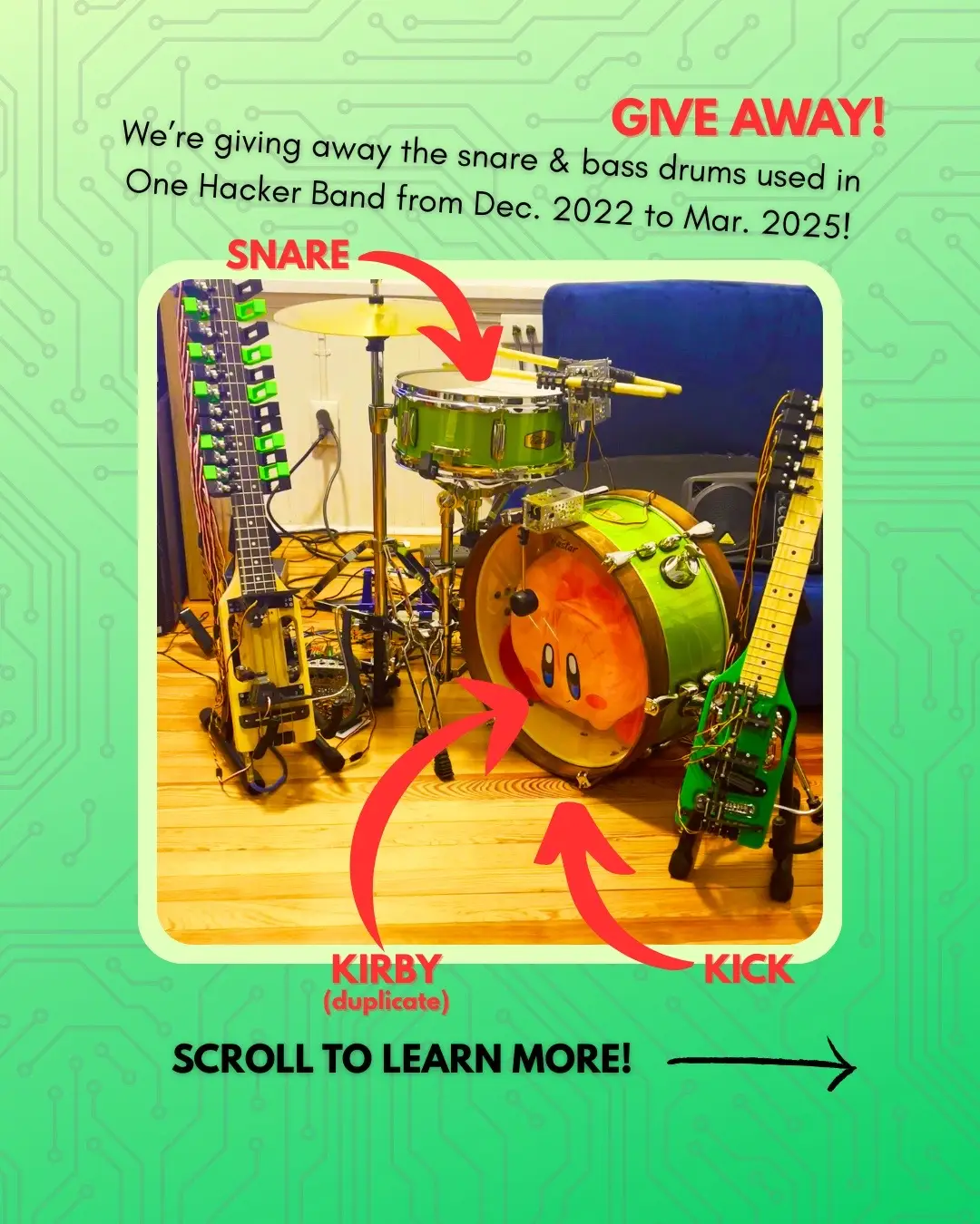 We're giving away the snare & bass drums used in One Hacker Band from Dec. 2022 