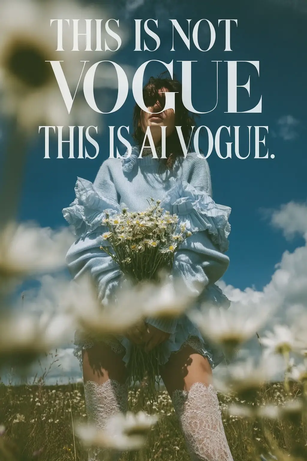 Prompt  High-fashion Vogue editorial photograph, shot from an extreme low angle 