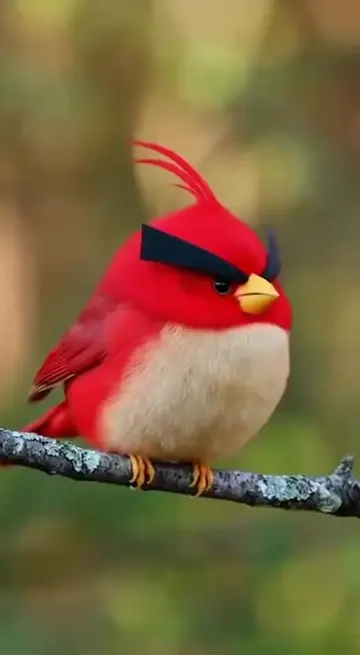 Beautiful red bird found in forest! Looking very cute, fluffy, and angry! Credit