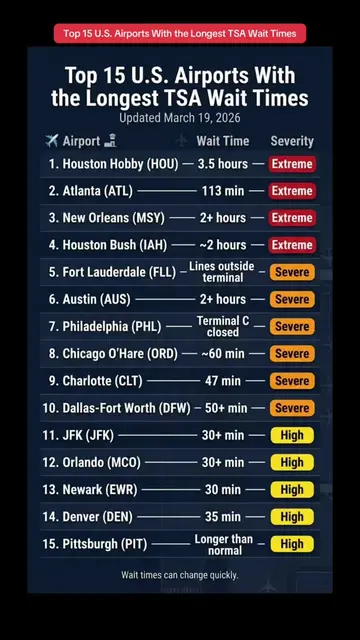 Mar 19, 2026 10AM ET. TSA lines are backing up at major U.S. airports. This info