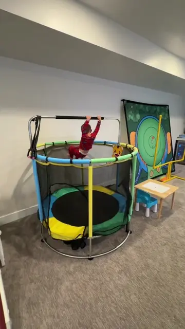 Best toy we’ve got for Brix! #tramp #kidstoys #trampoline 