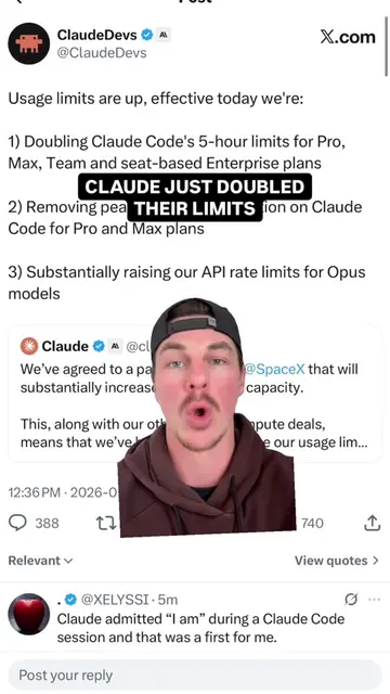 Claude just partnered with SpaceX and our limits have doubled starting today. Fo