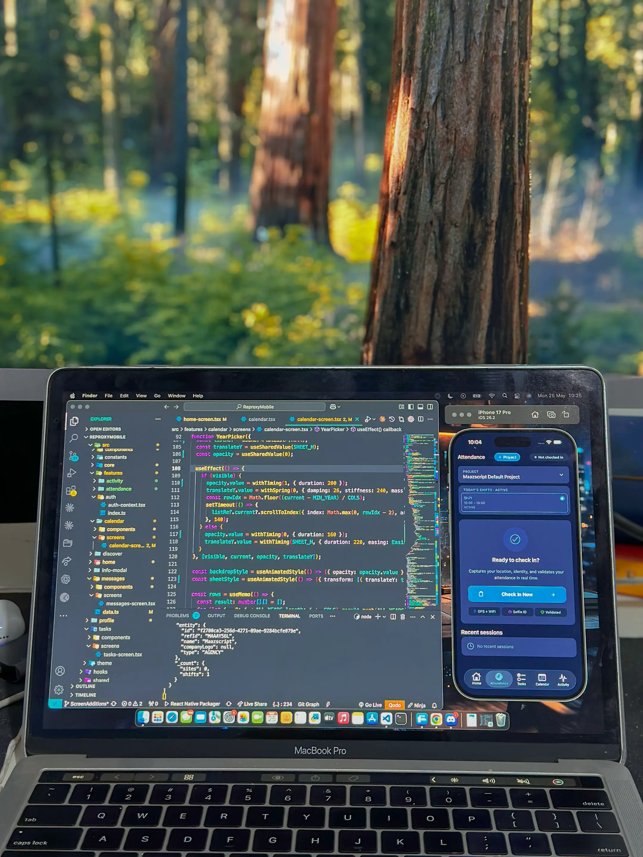 A look at the frontend file structure and the live build running on the iOS simu