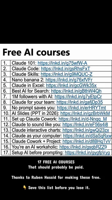 17 FREE AI courses 👇 • Claude 101 • Claude Code • Claude Skills • AI Slides • C
