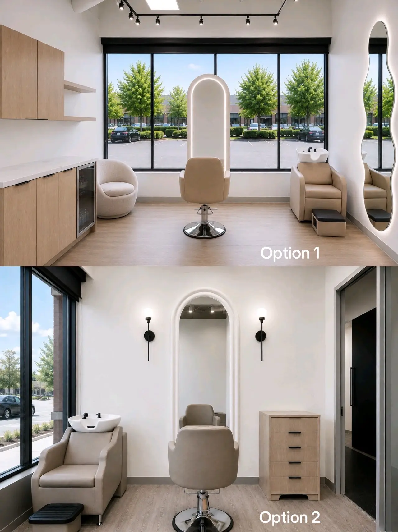 Option 1:  -opens up the room -allows for more working space  -allows for photo 