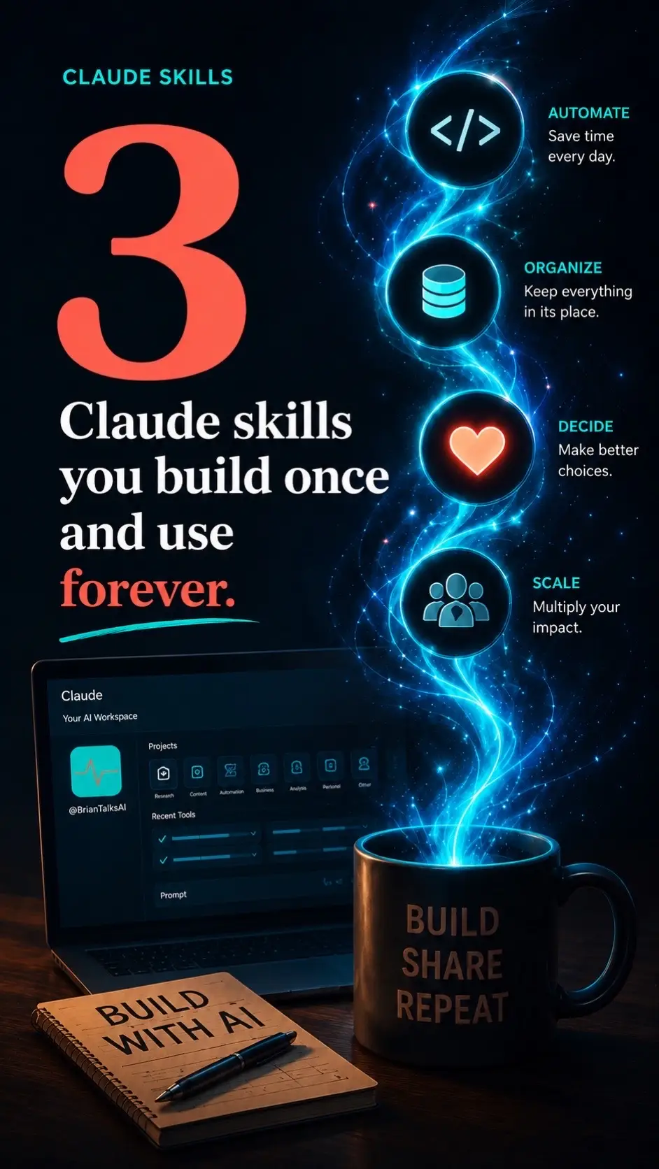 3 Claude skills you build once and never set up again. free plan works. one-time