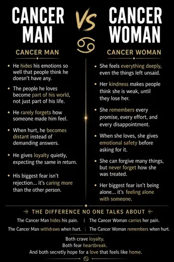 Cancer Men vs Cancer Women ♋ Both are emotional, loyal, and deeply caring... but