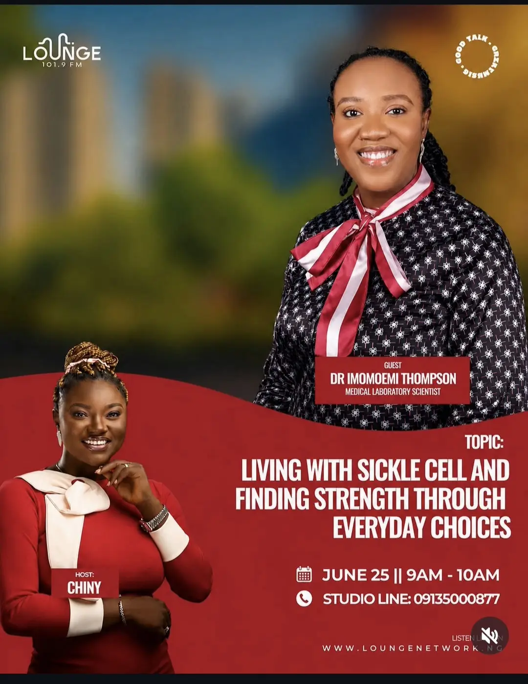 I'm live on Lounge 101.9 FM Lagos tomorrow, June 25, at 9:00 AM with @Chiny Godw