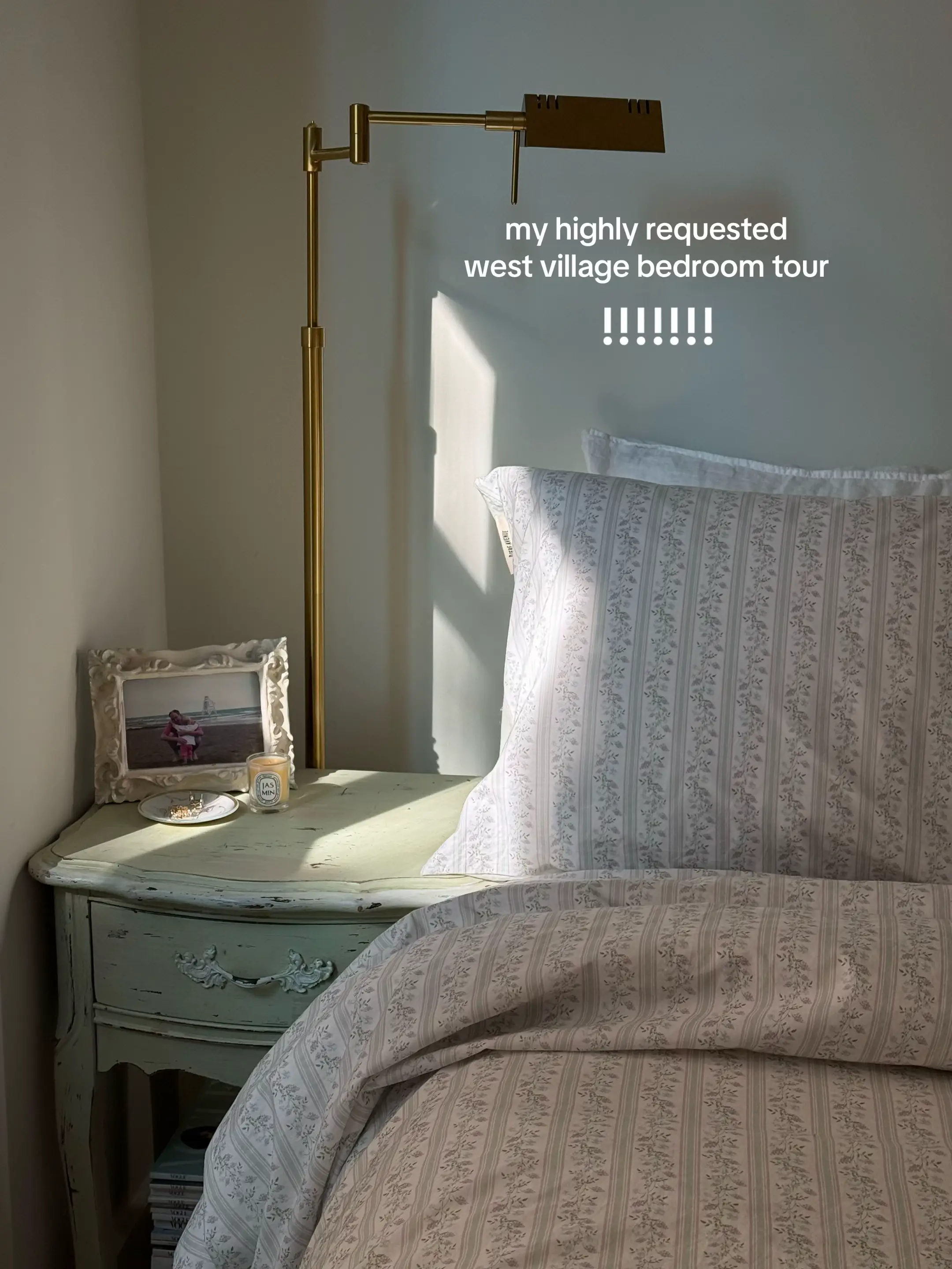 The bedding is from @Djerf Avenue, the nightstands are from an estate sale, and 