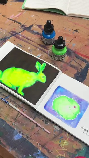 Shout out Alba #neon #sketchbook #paintingprocess #inks #rabbit 