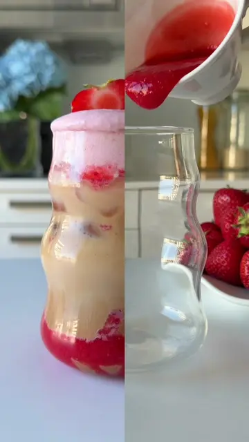 Iced Strawberry Latte🧊🍓☕️ Recipe below⬇️ This is a perfect drink for summer!☀️