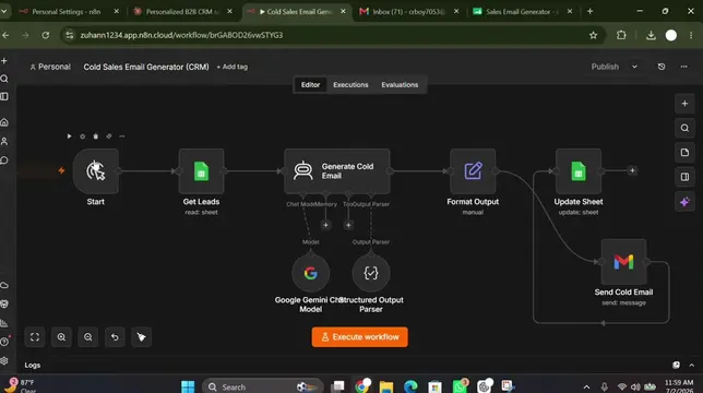 Stop writing cold emails manually! ✉️🤖 This n8n AI Agent reads leads, generates