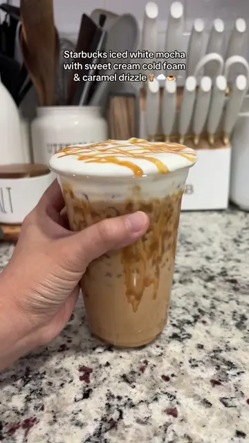 Starbucks Iced white mocha with sweet cream cold foam & caramel drizzle at home.