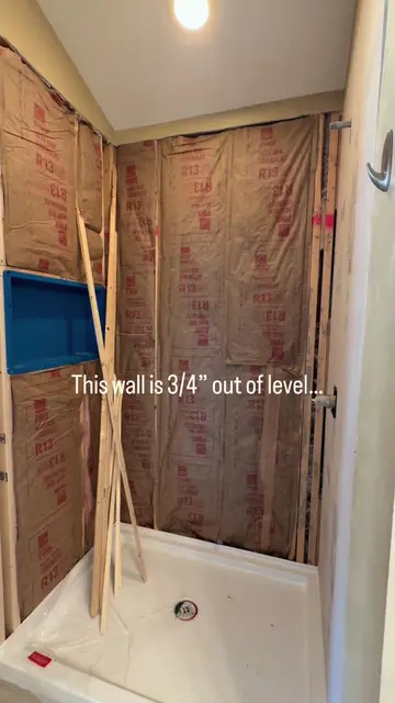 This shower wall was 3/4” out of plumb. 🤯. Taking the extra time now saves a lo