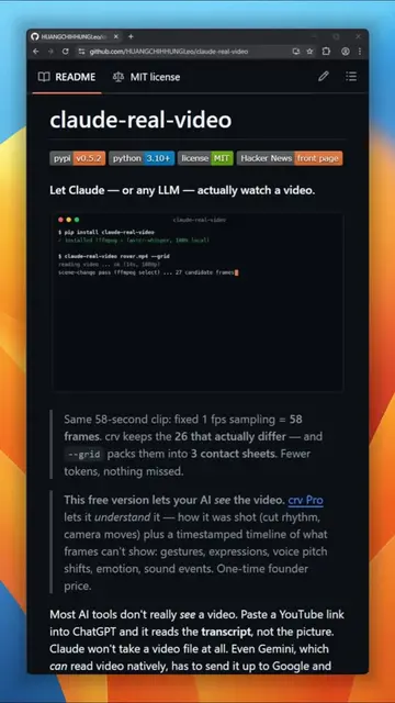 claude-real-video lets Claude actually watch a video instead of just reading its