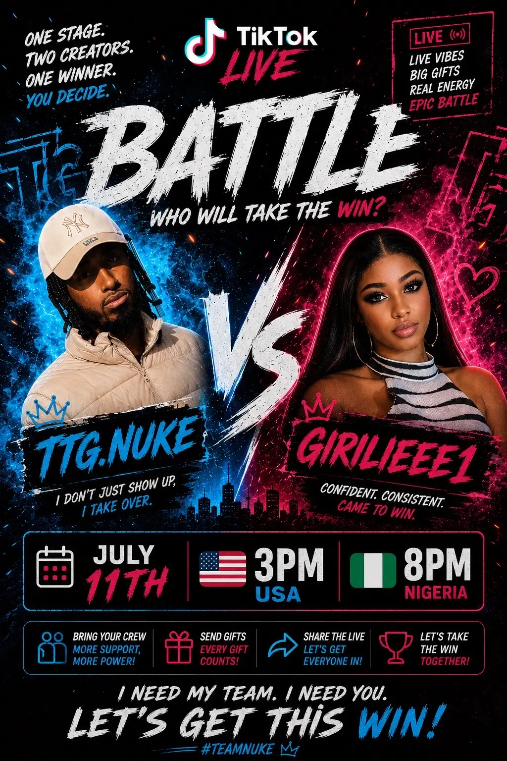 No excuses. No backing down. TTG.NUKE vs @girilieee1 📅 July 11 🕗 3:00 PM (NYC)