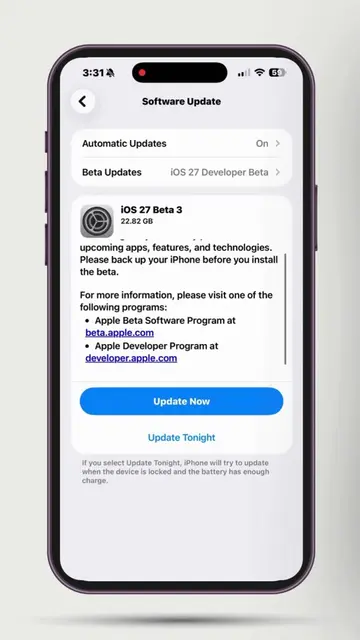 iOS 27 Developer Beta 3 is now showing on my iPhone. Check your Software Update 