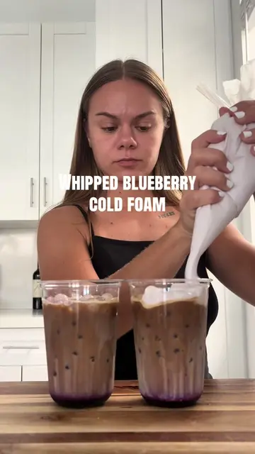 Homemade whipped blueberry cold foam Recipe: 1cup heavy whipping cream 1/4cup mi