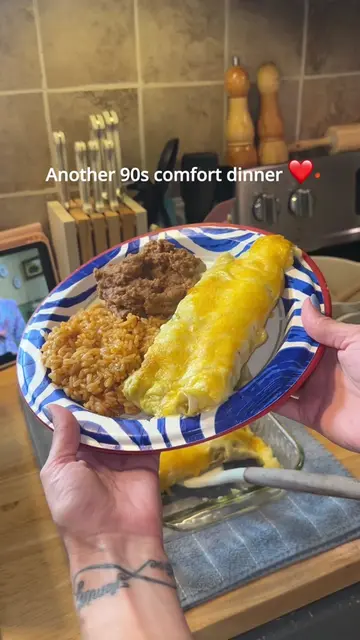 Creamy chicken enchiladas with Mexican rice and refried beans. I don’t remember 