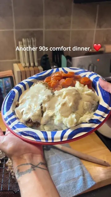 Tonight was oven-baked country fried steak with homemade mashed potatoes, countr