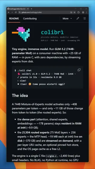 Colibrì runs a 744-billion-parameter model on a laptop with 25GB of RAM, in pure
