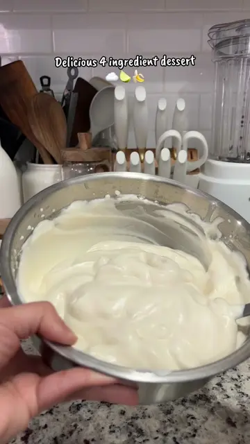 A delicious 4 ingredient dessert☁️🍋‍🟩🍌 you need  1 can cold evaporated milk  