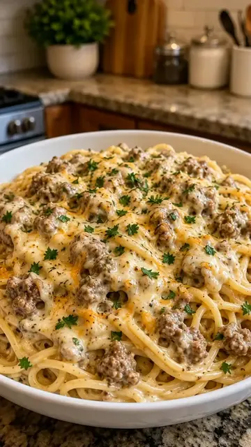 Garlic Butter Beef Spaghetti in Cheesy Parmesan Cheese Sauce
 Ingredients:
 12 o