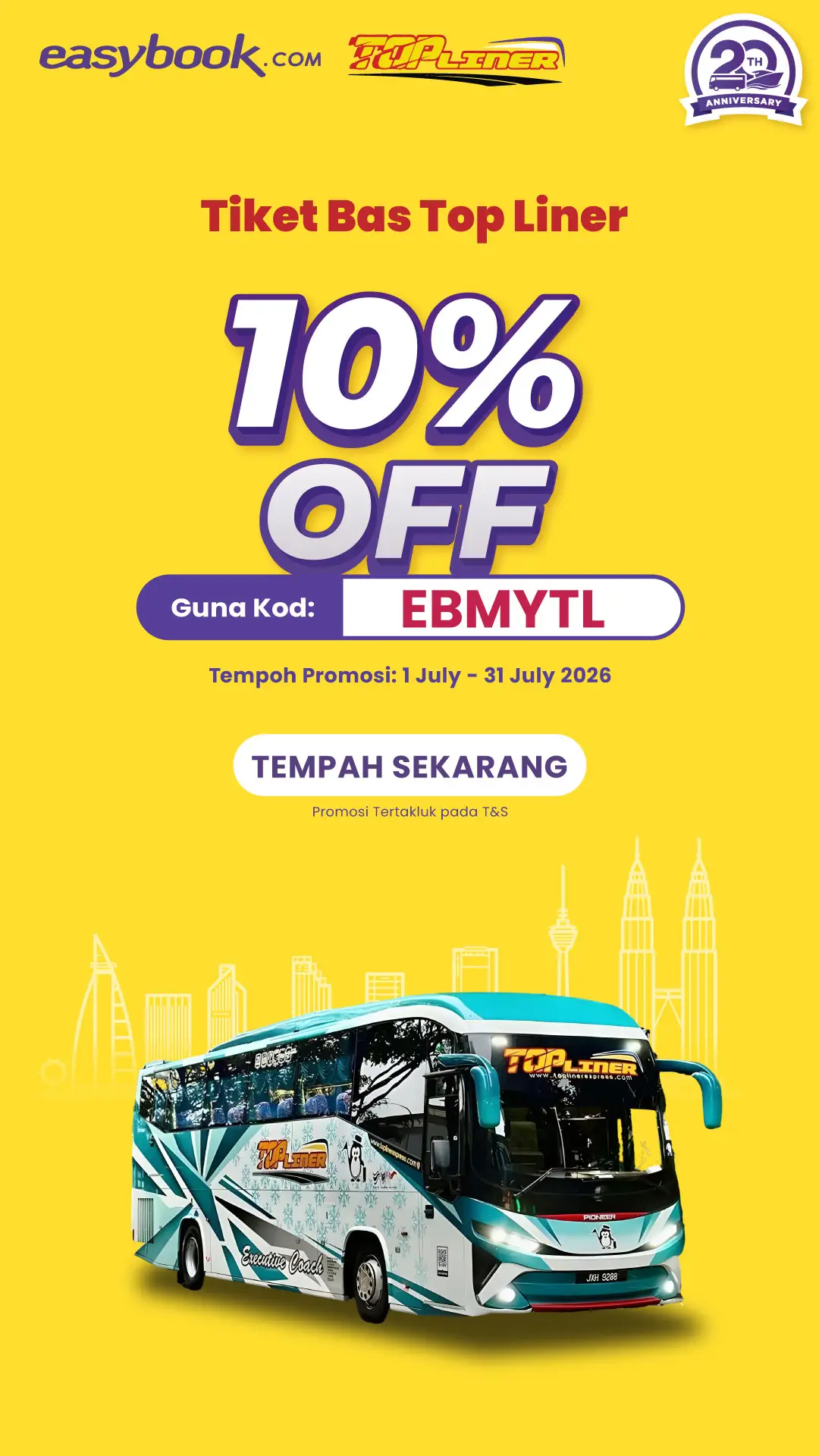 ✨ Nikmati 10% DISKAUN Untuk Tiket Top Liner! ✨ Mahu balik kampung atau bercuti? 