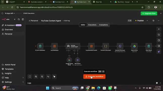 🚀 I built an AI YouTube Content Agent in n8n! 🤖 Just enter a video topic, and 