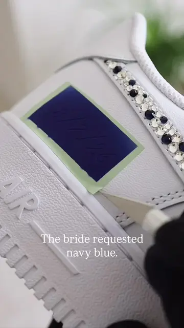 The bride chose navy blue. 💙 Bridal Nike Air Force 1s • Custom wedding sneakers