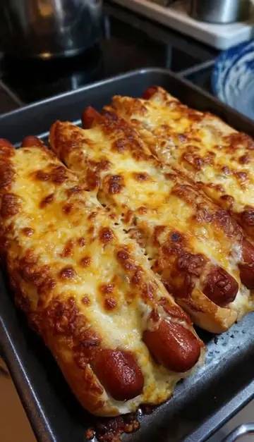 Cheesy Baked Hot Dogs These Cheesy Baked Hot Dogs are loaded with juicy hot dogs