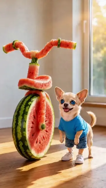 Chihuahua's father bought him a watermelon-shaped bicycle made of a single wheel