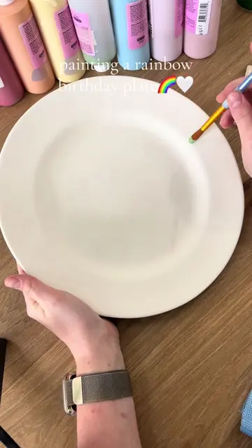 Rainbow plaid birthday plate in the works 🌈✨ Hand painted with glaze and kiln f