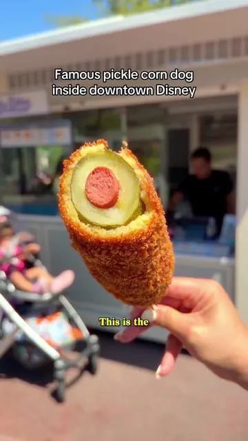 The famous pickle corn dog from Blue Ribbon Corn Dogs at Downtown Disney in Anah