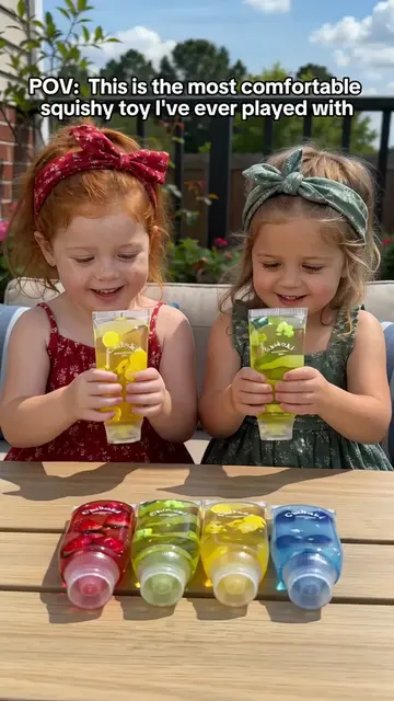 "Twin girls squeeze fruit jelly tube fidget toys, their daydream turns the balco