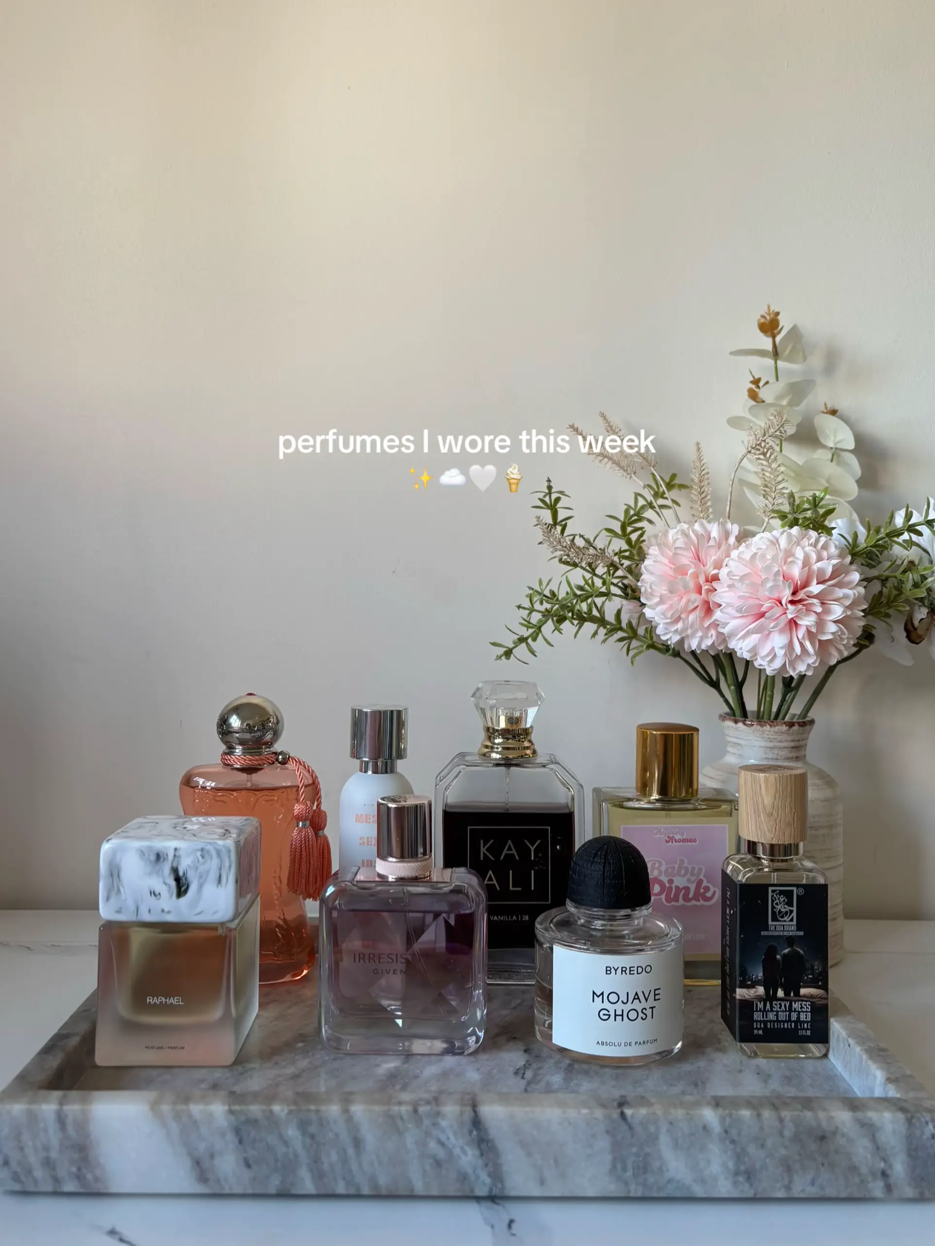 this week’s rotation 🤍 • @Sora Dora raphael (gifted by @EDULGE ) • @Parfums de 