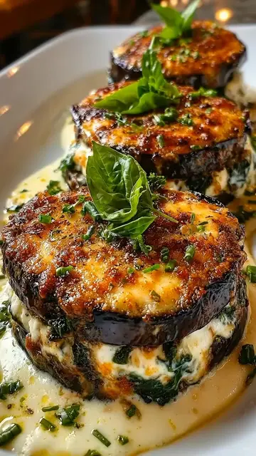 Creamy spinach beef eggplant stacks 🍆🥩🧀
 ingredients:
 eggplant
 ground beef
