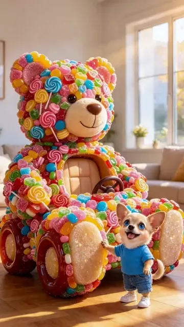 Chihuahua's father bought him a car made of sweets in the shape of a teddy bear 