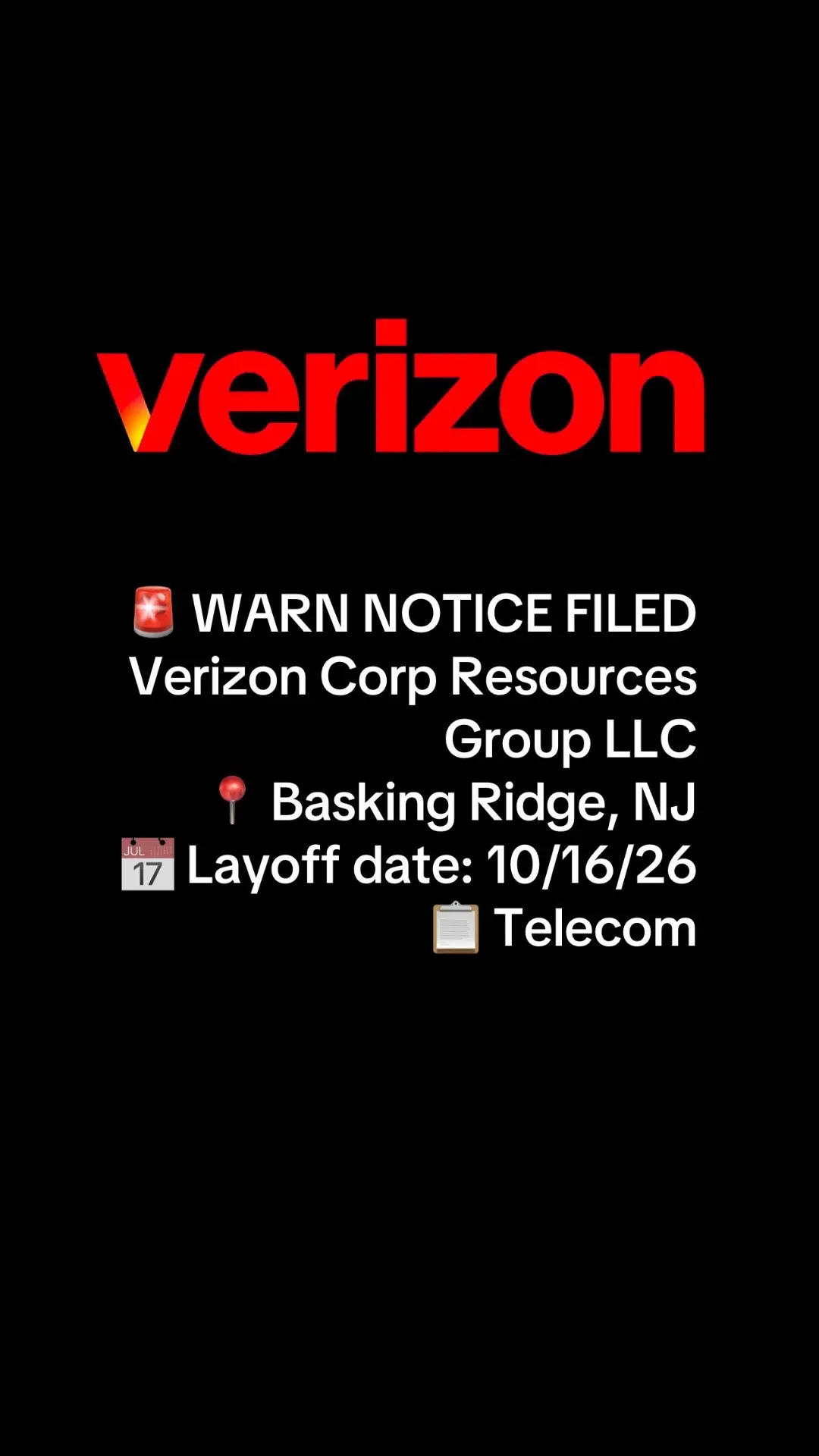 Verizon layoffs: the telecom giant has filed another WARN notice at its Basking 