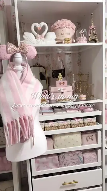 ౨ৎ What’s in my purse essentials tower shelf organizer 💗 #makeupbag #walletcoll
