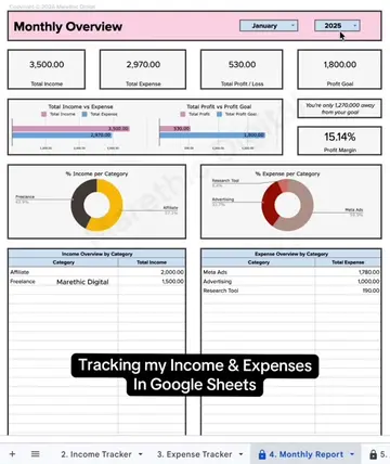 Tracking my income and expenses in Google Sheets. Template available on my shop.
