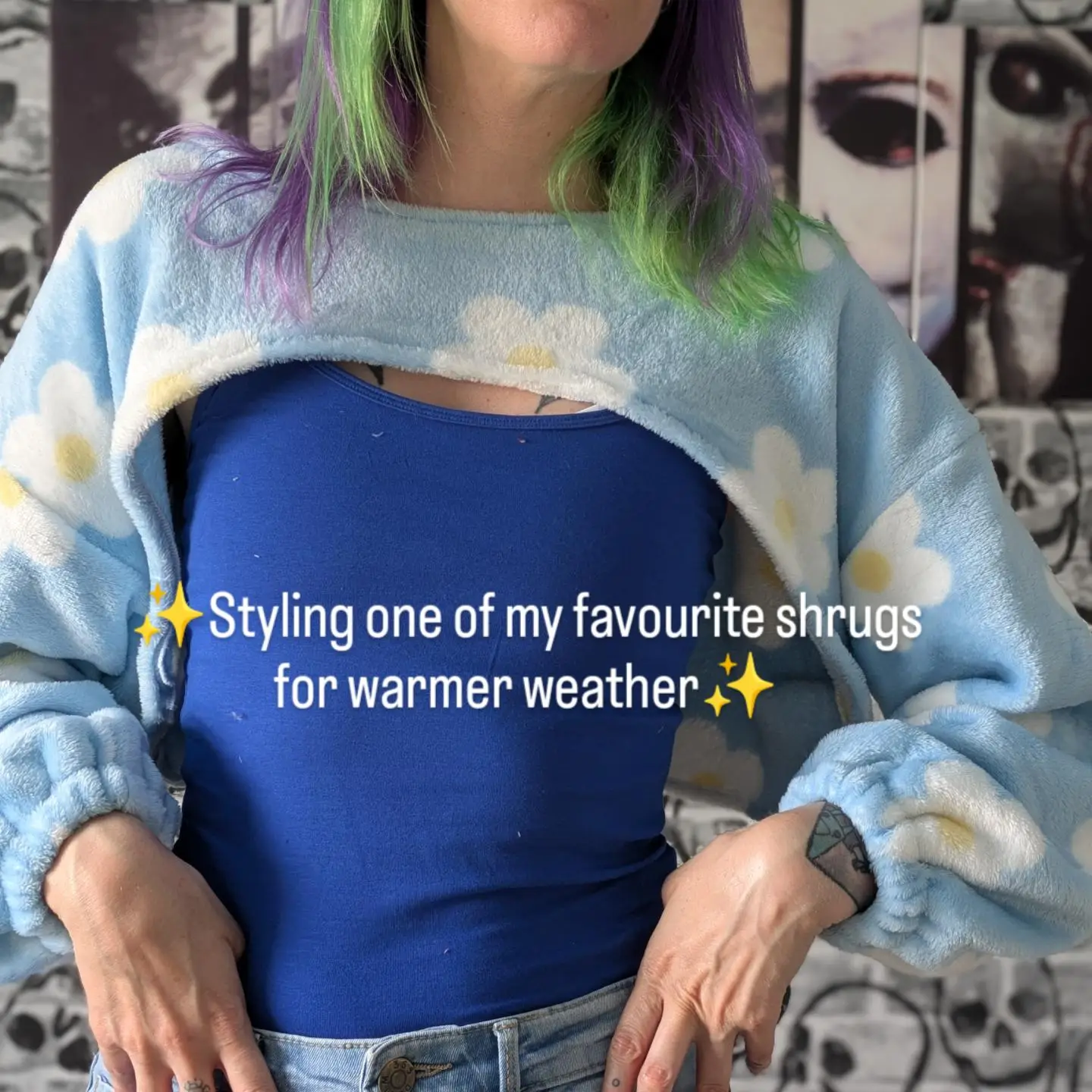 Vest and shorts 🤝 upcycled sustainable shrug.  #upcycled #sustainable #styleins