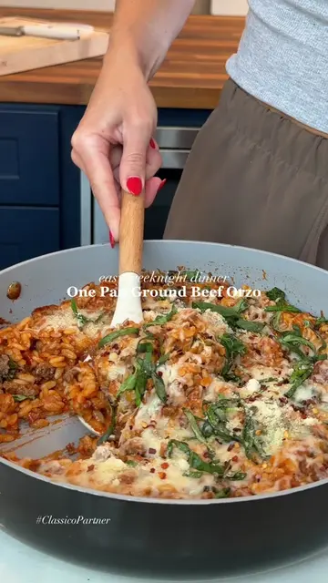 This Creamy Ground Beef Orzo made using the Four Cheese @Classico or a comfortin