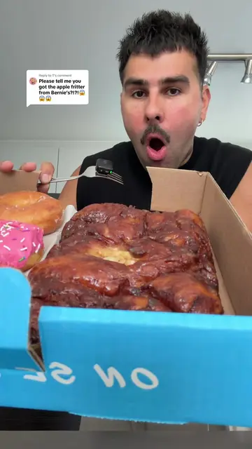 Replying to @T trying Bernie Beigne’s iconic apple fritter- I fear the hype it h