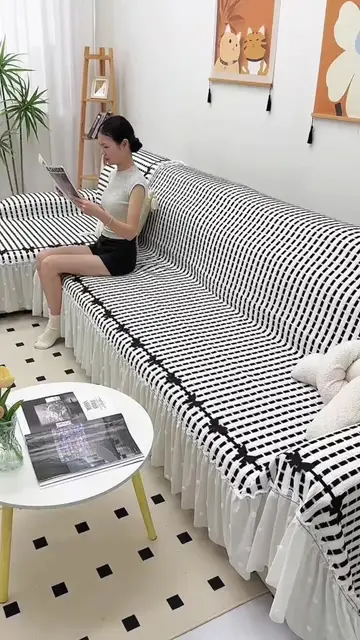 Black White Grid Bow Ruffle Sofa Cover, Modern Stylish Full Coverage Couch Prote