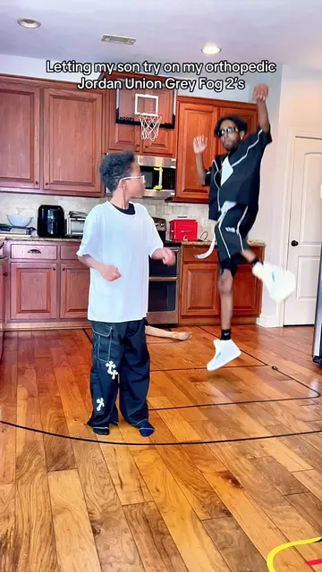 Letting my son try on my orthopedic Jordan Union Grey Fog 2’s 🦩🔥 #fyp #foryoup