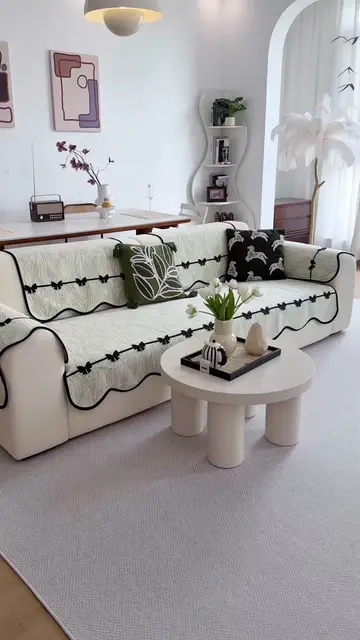 Elegant Leaf Pattern Sofa Pad with Bow Trims, Non-Slip Quilted Couch Mat, Soft F