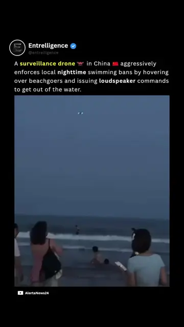 🚨TECH: 📢A drone patrolling a beach in Qingdao, China, was filmed hovering over